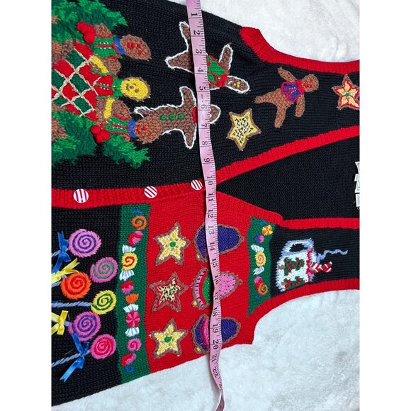 Bechamel Christmas Vest Handmade Knit Black & Red With Candy Cane Buttons & Fest - Picture 5 of 6